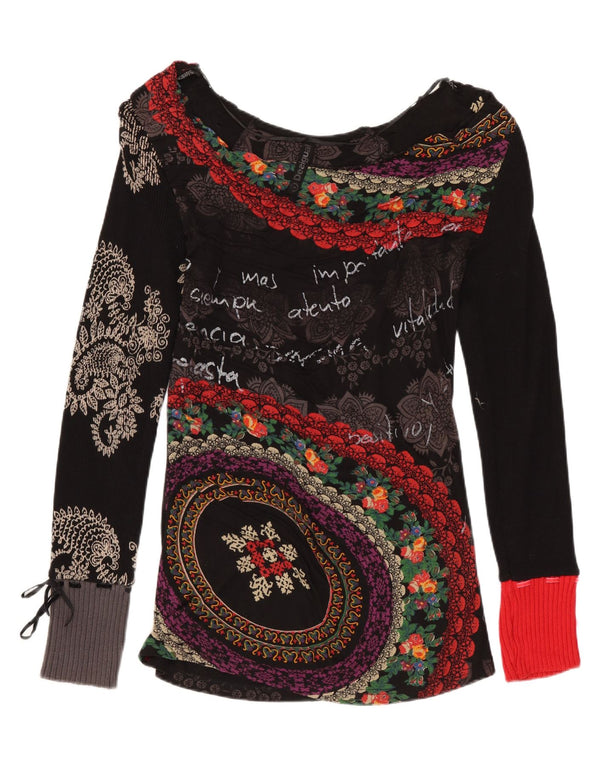 DESIGUAL Top grafico da donna manica lunga UK 12 cotone floreale nero medio