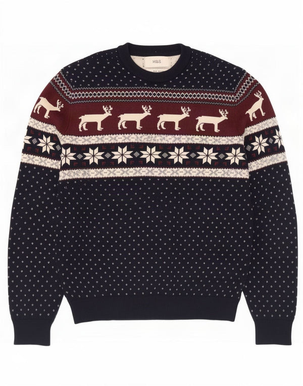 Maglione maglione girocollo da uomo Marks & Spencer medio blu navy Fair Isle