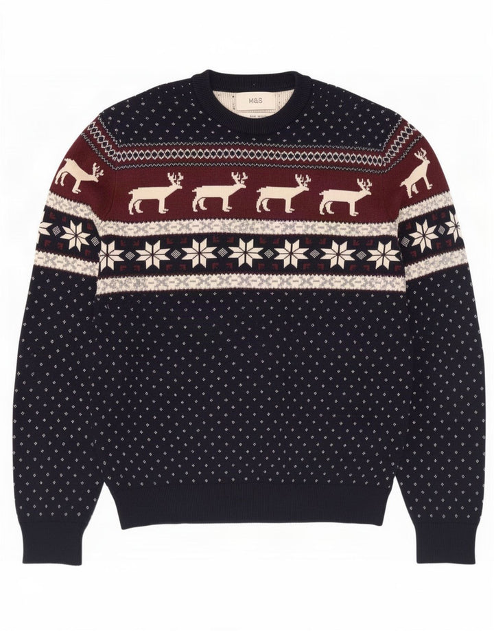 Maglione maglione girocollo da uomo Marks & Spencer medio blu navy Fair Isle