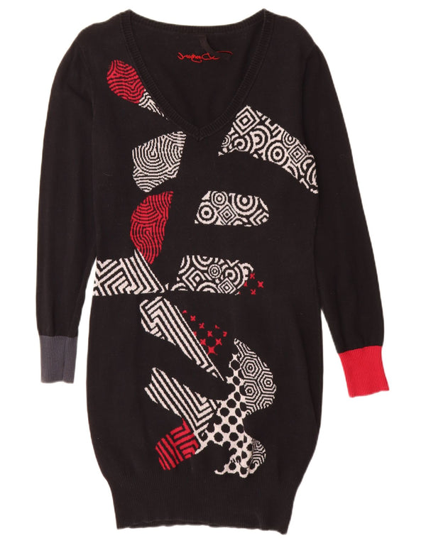 Desigual Abito maglione da donna a maniche lunghe UK 14 Large Nero geometrico