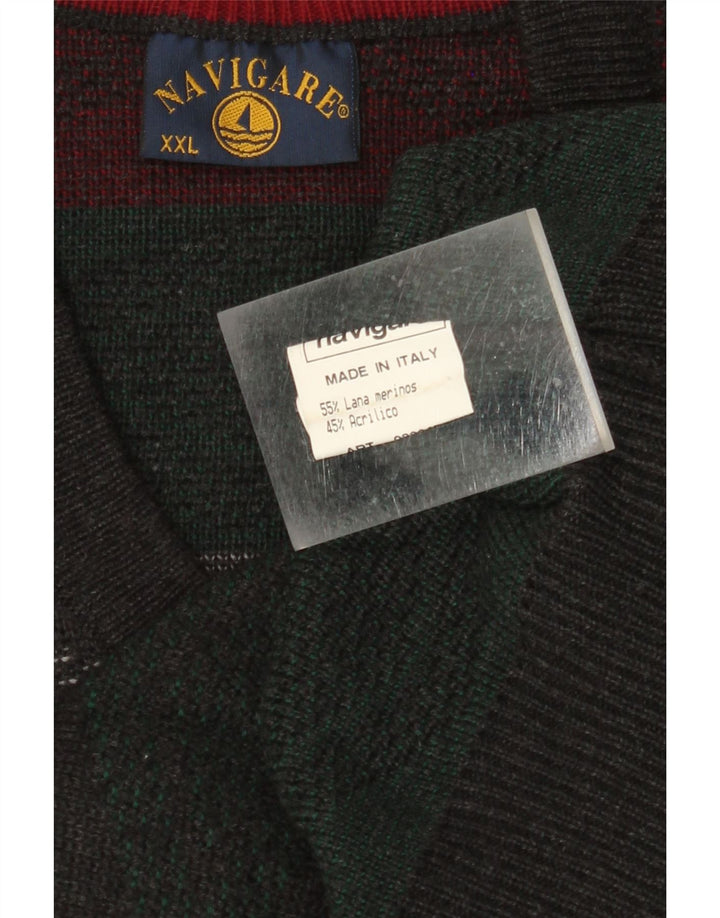 NAVIGARE Maglione da uomo con scollo a V 2XL Lana merino verde a rombi/diamante