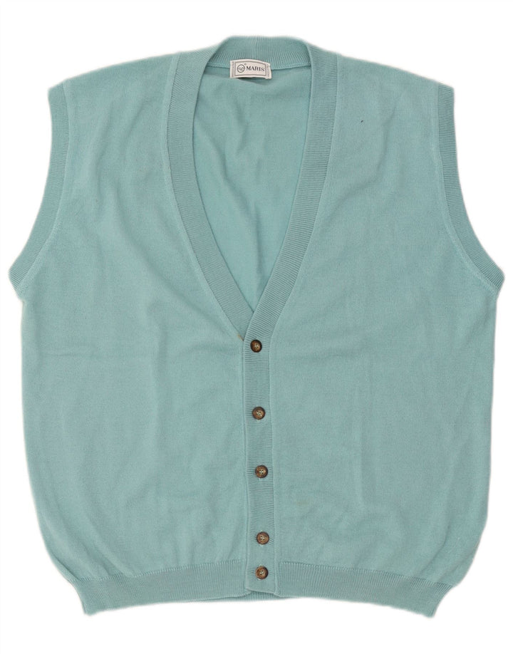 Maglione cardigan senza maniche vintage da uomo XL in lana blu