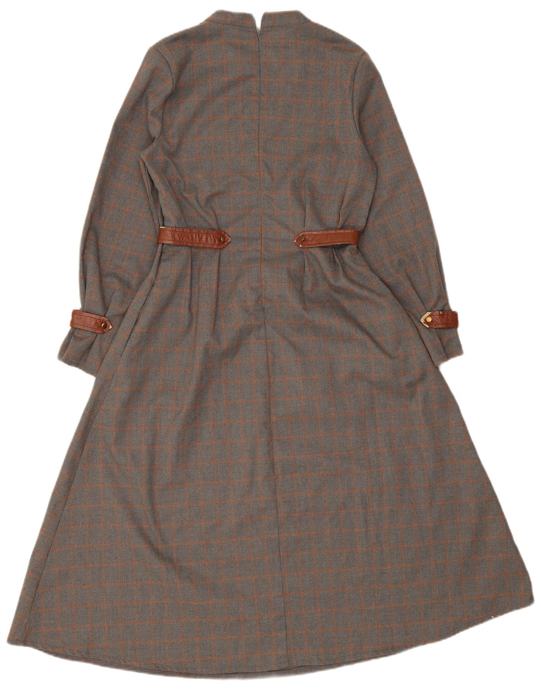 Abito maxi a maniche lunghe da donna vintage UK 10 piccoli quadri grigi