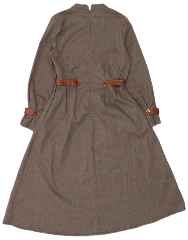 Abito maxi a maniche lunghe da donna vintage UK 10 piccoli quadri grigi
