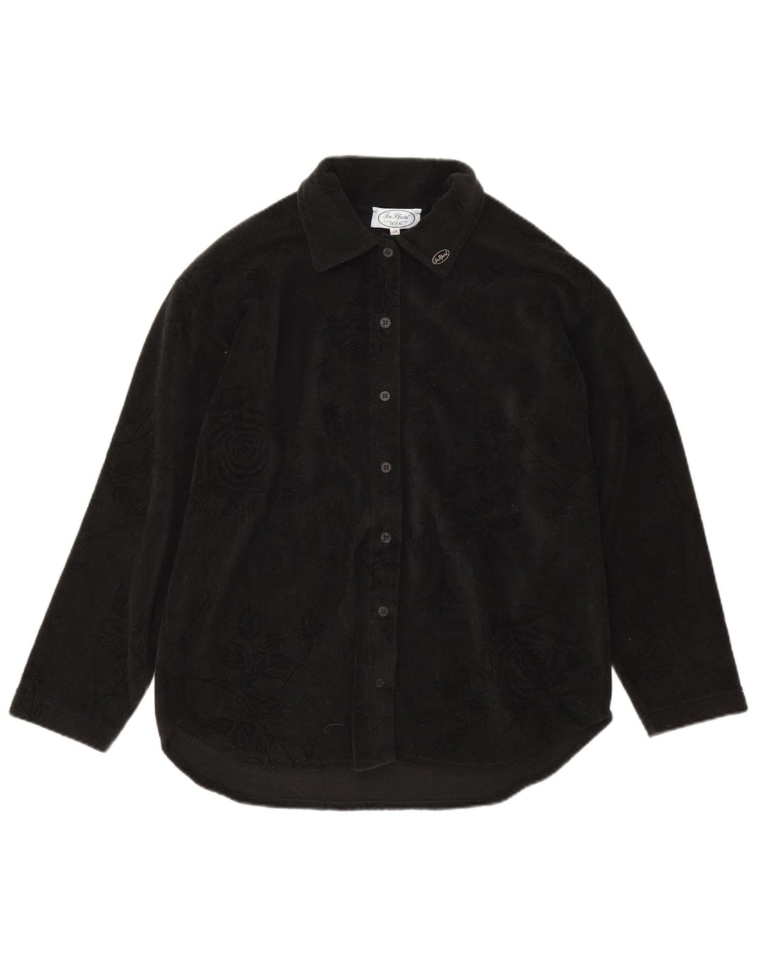 Camicetta camicia in pile da donna vintage IT 46 Grande poliestere floreale nero