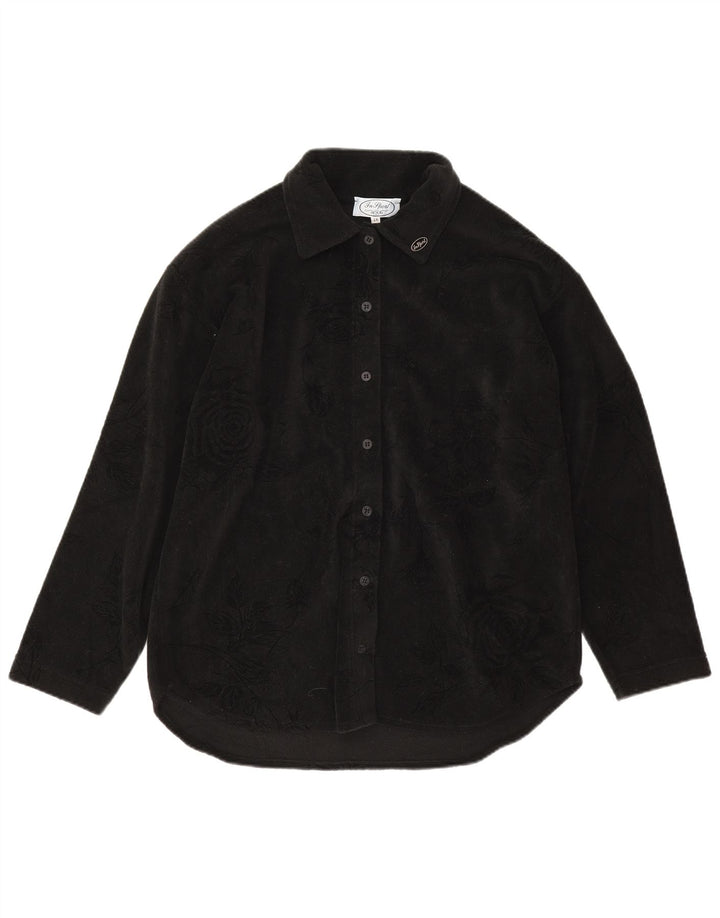Camicetta camicia in pile da donna vintage IT 46 Grande poliestere floreale nero