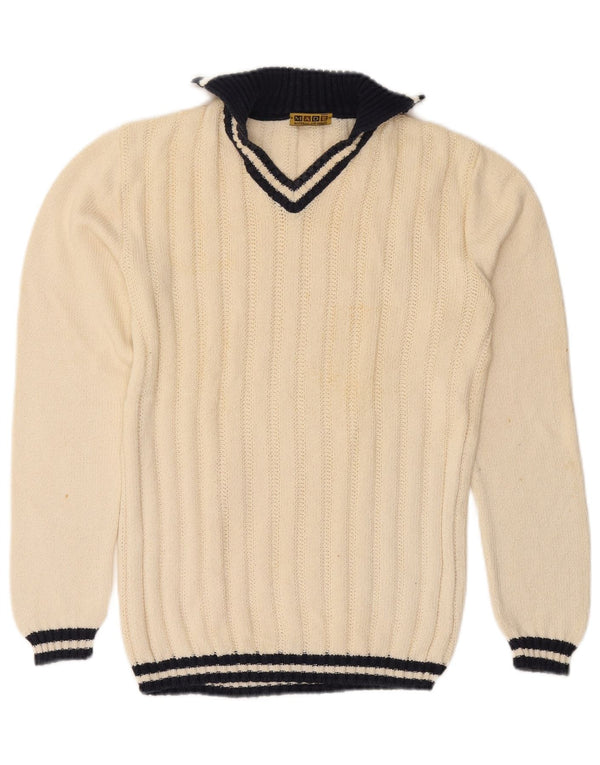 Maglione maglione vintage da donna con scollo a V UK 16 grande cotone a righe bianco sporco