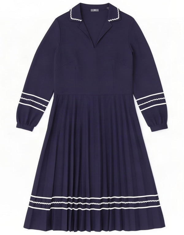 Abito vintage da donna a maniche lunghe a trapezio IT 44 Medio blu navy a righe