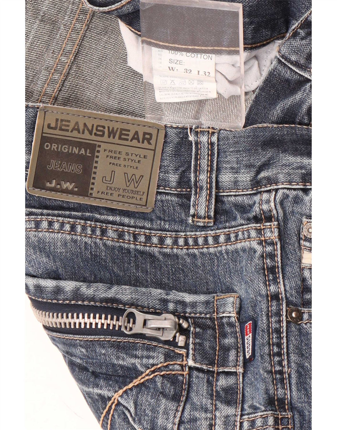Jeans dritti da uomo vintage W32 L32 in cotone patchwork blu