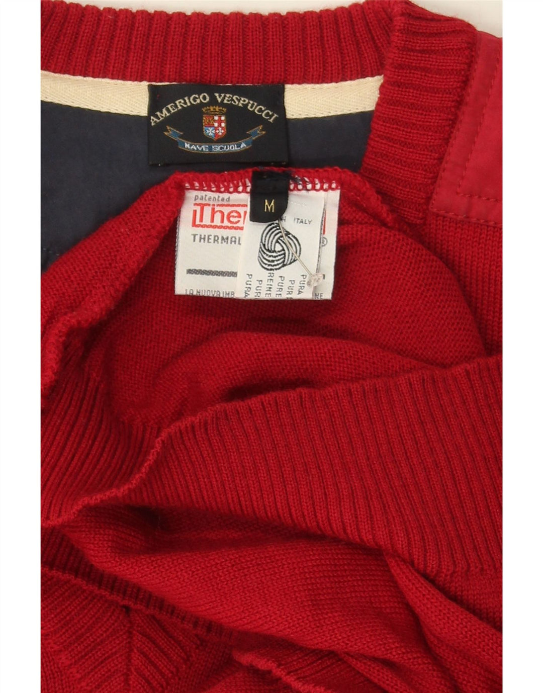 AMERIGO VESPUCCI Mens V-Neck Jumper Sweater Medium Red Wool Vintage Amerigo Vespucci and Second-Hand Amerigo Vespucci from Messina Hembry 