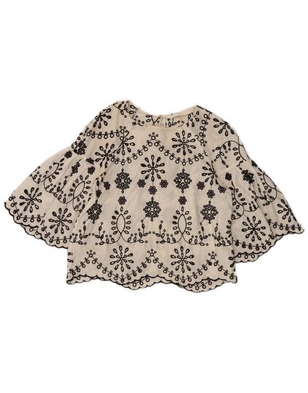 Top Zara Donna Trafaluc Crop Maniche a 3/4 Camicetta UK 10 Piccolo Bianco Floreale