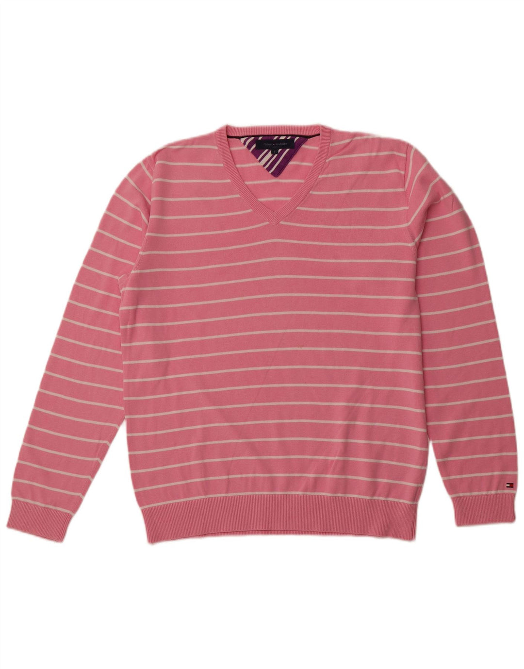 TOMMY HILFIGER Maglione da uomo con scollo a V in cotone a righe grandi rosa