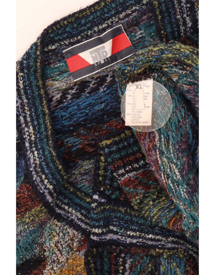 Maglione cardigan senza maniche vintage da uomo XL in lana geometrica multicolore