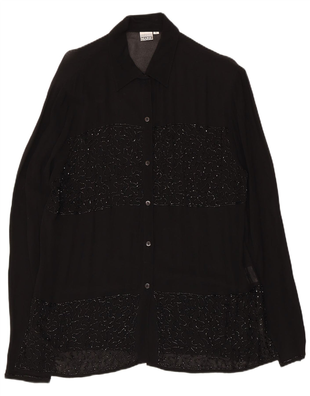Camicetta camicia trasparente da donna Andrea Mare UK 16 grande viscosa nera