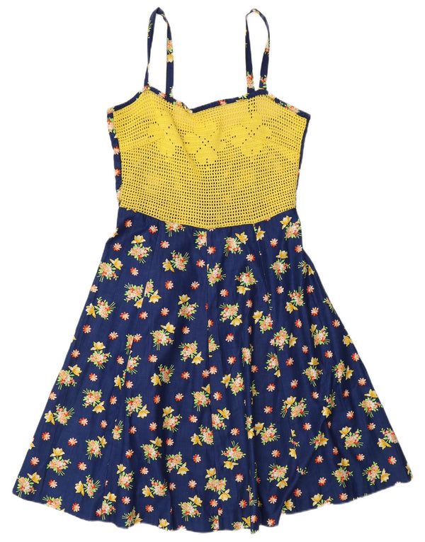 Abito vintage da donna senza maniche a trapezio UK 10 piccolo floreale blu navy