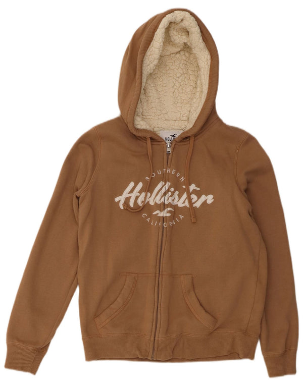 Maglione con cappuccio e zip grafica da donna HOLLISTER UK 10 piccolo in cotone marrone