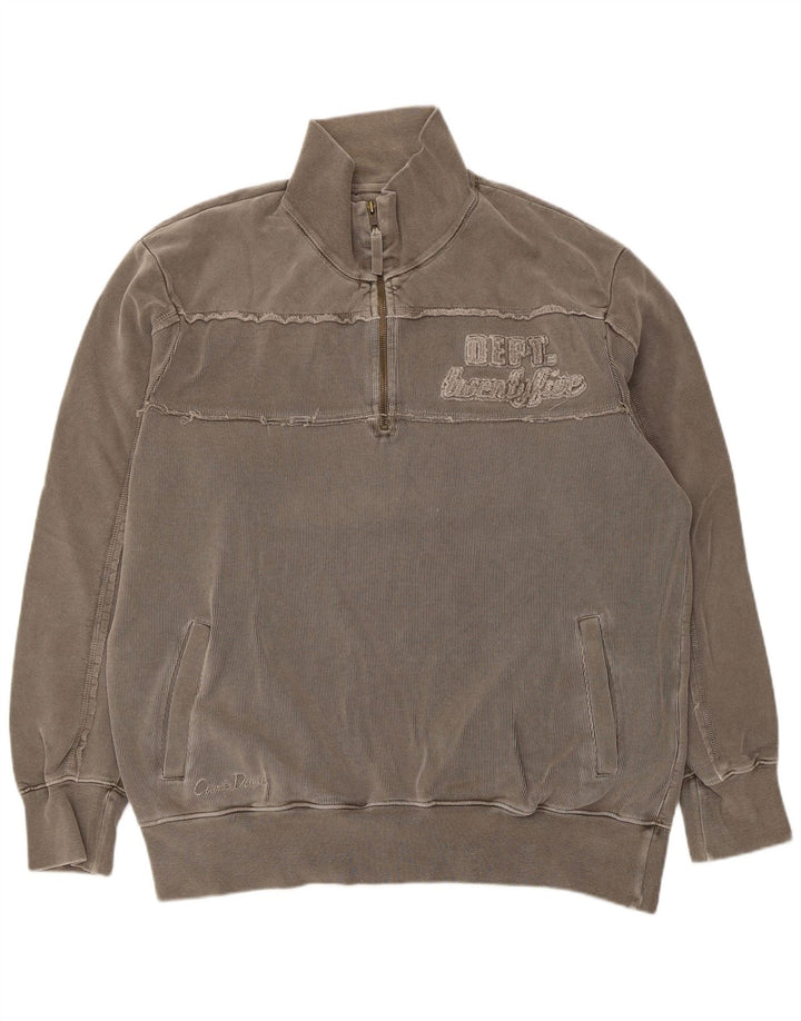 Felpa vintage da uomo con collo con zip grafica, maglione grande grigio