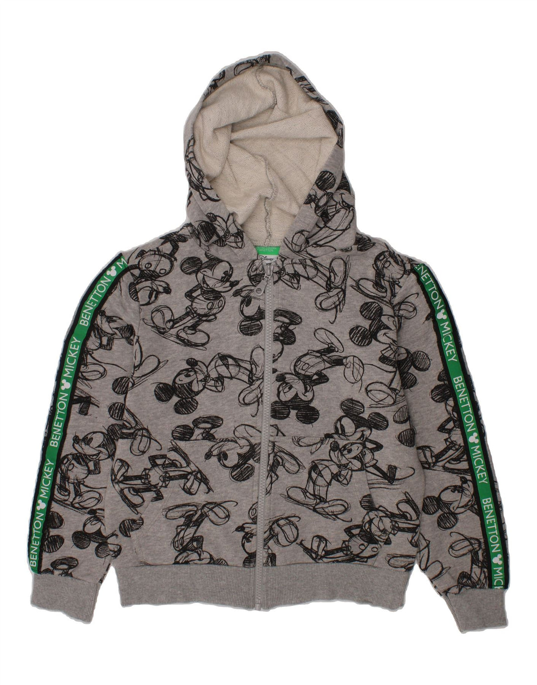 BENETTON Boys Graphic Zip Hoodie Sweater 7-8 Years Medium Grey Cotton Vintage Benetton and Second-Hand Benetton from Messina Hembry 
