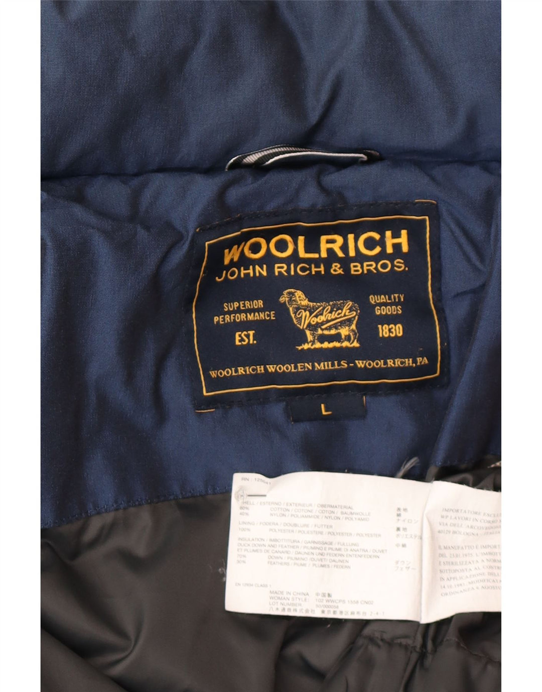 Giacca imbottita da donna Woolrich UK 16 grande cotone blu navy