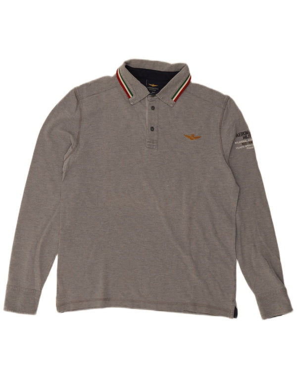 Aeronautica Militare Mens Graphic Long Sleeve Polo Shirt Large Grey Cotton