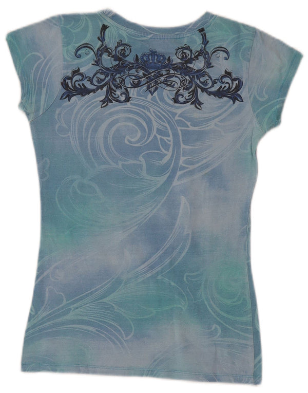 T-shirt grafica da donna Hard Rock Cafe Roma Top UK 10 Small Blue Paisley