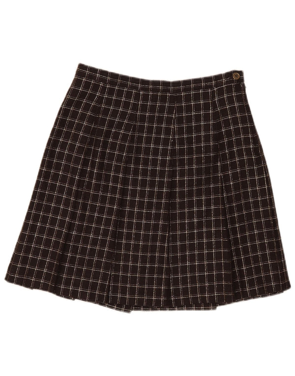 Gonna a pieghe vintage da donna UK 10 piccola W26 lana a quadri marrone