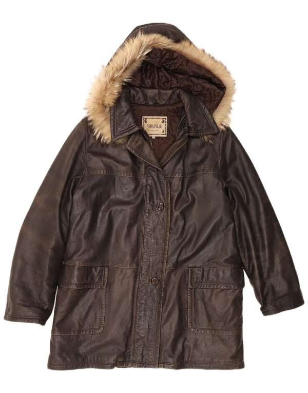 Cappotto vintage in pelle da donna con cappuccio IT 48 XL Marrone