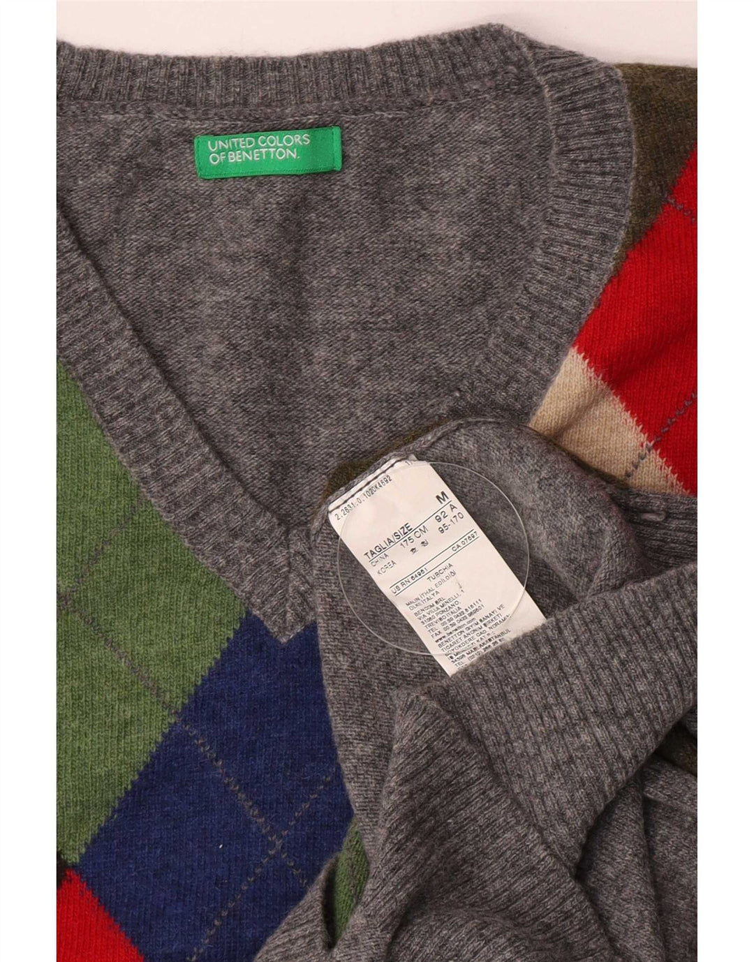 Maglione da uomo con scollo a V Benetton, grigio medio, lana a rombi/diamante