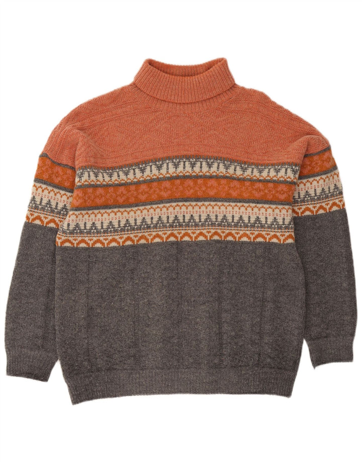 Maglione vintage da uomo con collo alto e collo alto, grande, arancione, Fair Isle