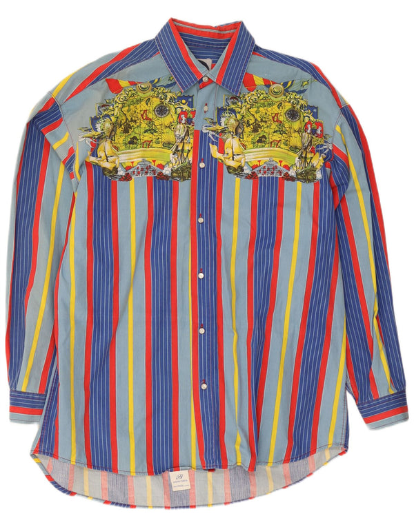 Camicia grafica ampia da uomo vintage in cotone a righe multicolori medie