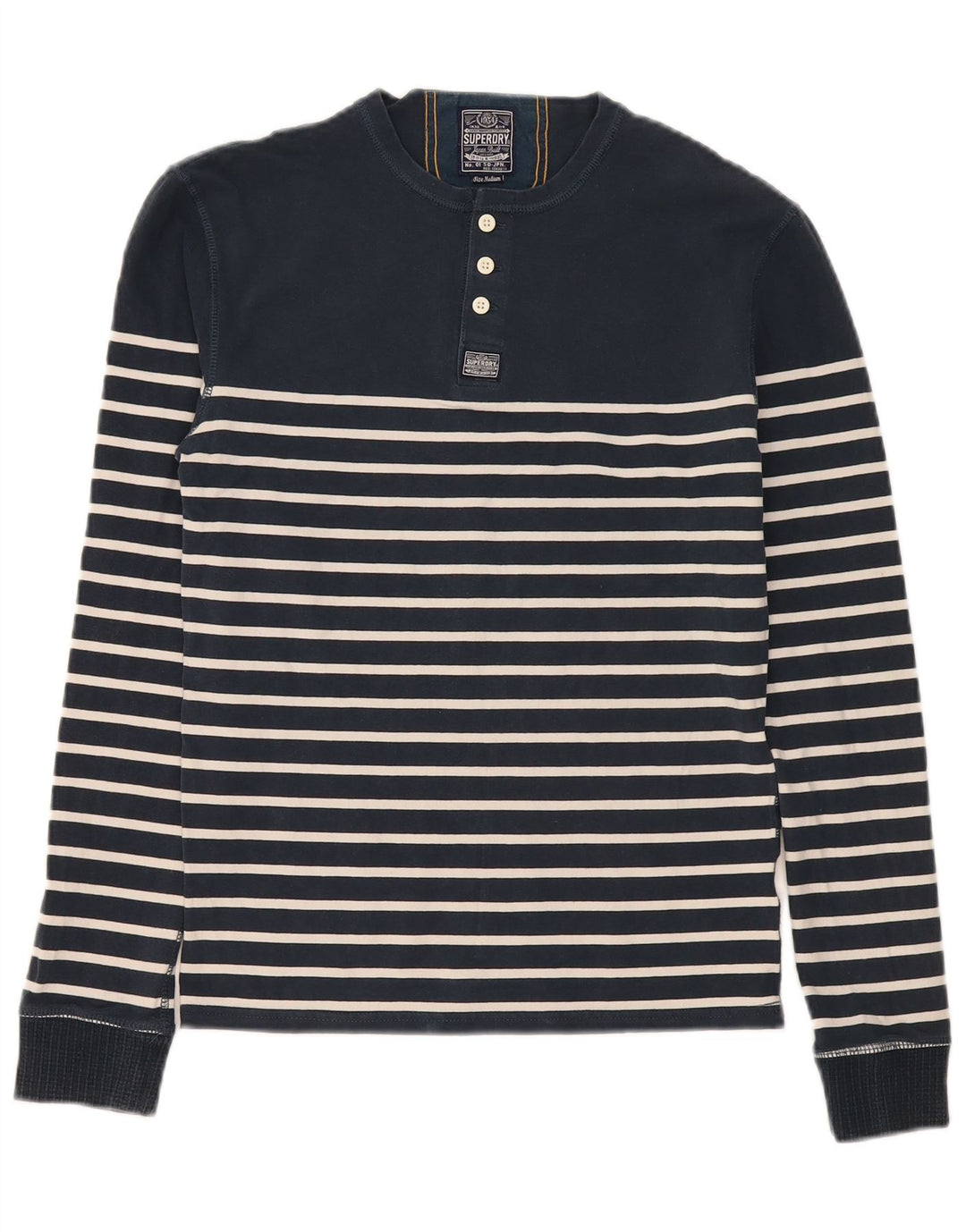 Superdry Uomo Regular Top Manica Lunga Cotone Medio a Righe Blu Navy