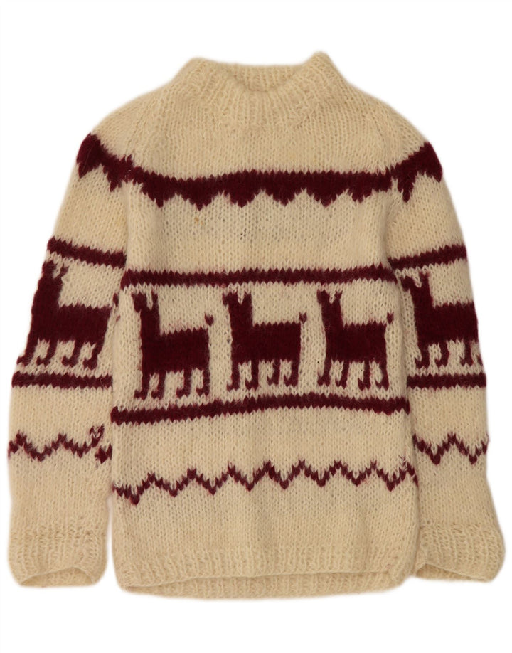 Maglione maglione girocollo da donna vintage UK 14 medio azteco bianco sporco