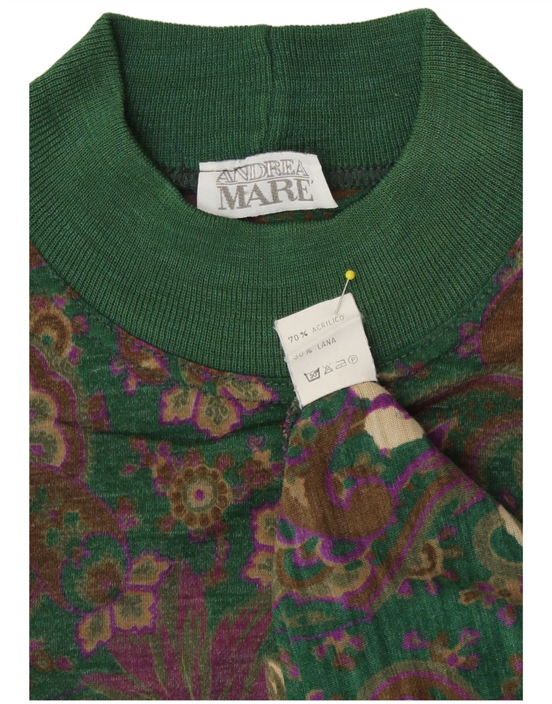 Maglione maglione collo alto da donna Andrea Mare UK 14 Paisley verde medio