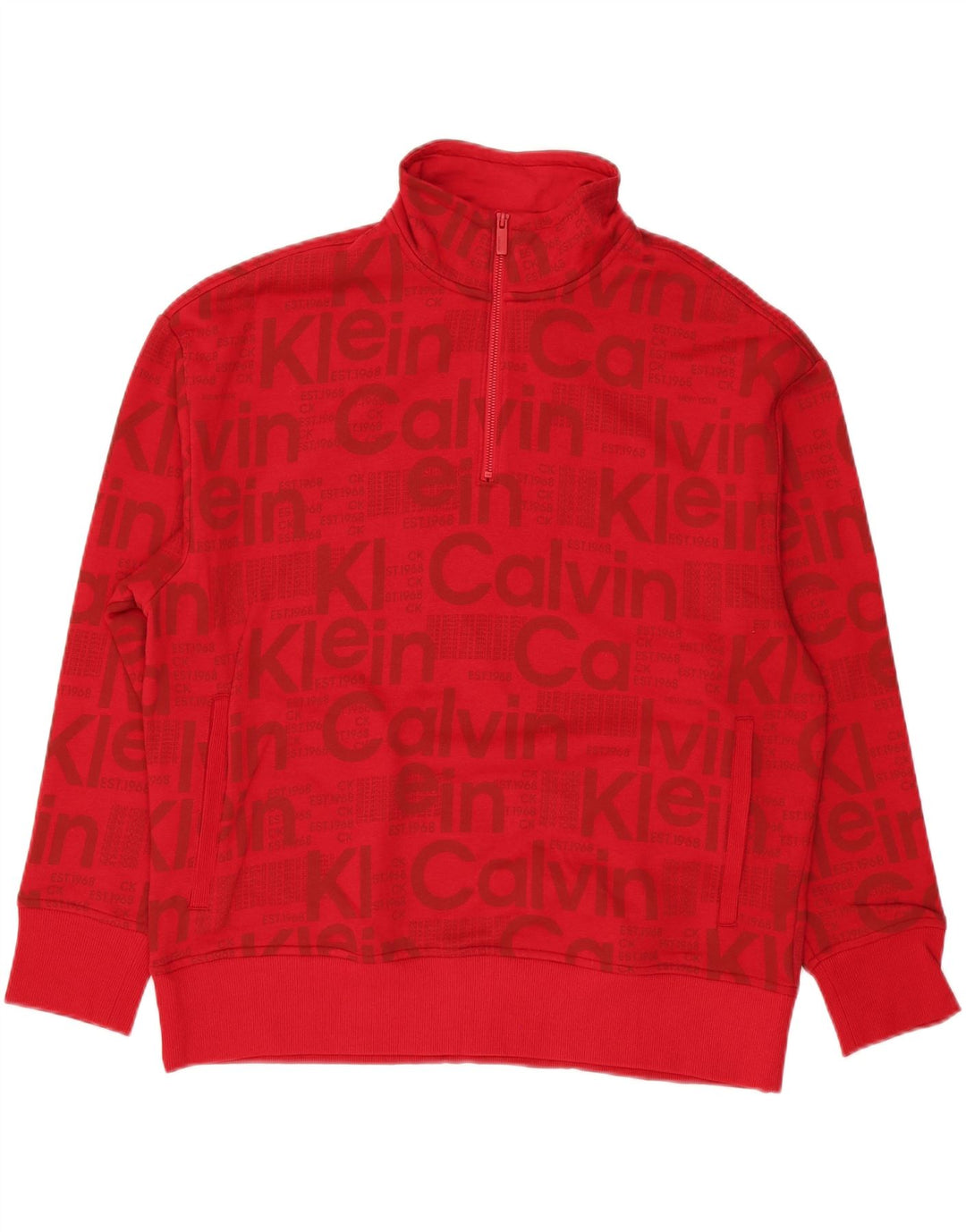 CALVIN KLEIN Mens Graphic Zip Neck Sweatshirt Jumper Medium Red Cotton
