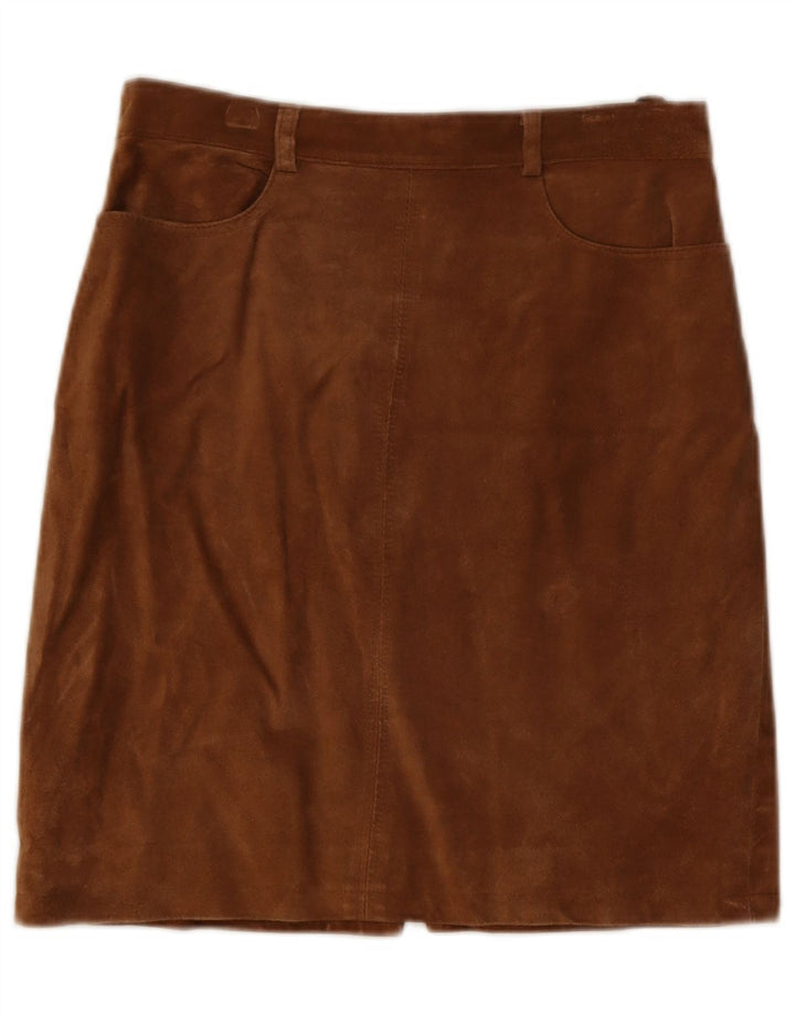 Gonna vintage in pelle scamosciata da donna UK 14 media W29 in pelle marrone