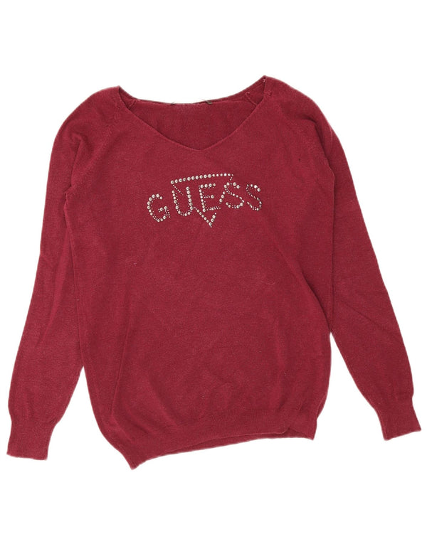 Maglione da donna con scollo a V grafico Guess UK 10 piccolo modal bordeaux