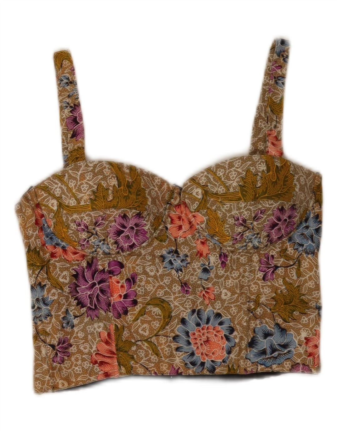 Top corto da donna vintage con camicetta UK 12 medio kaki floreale