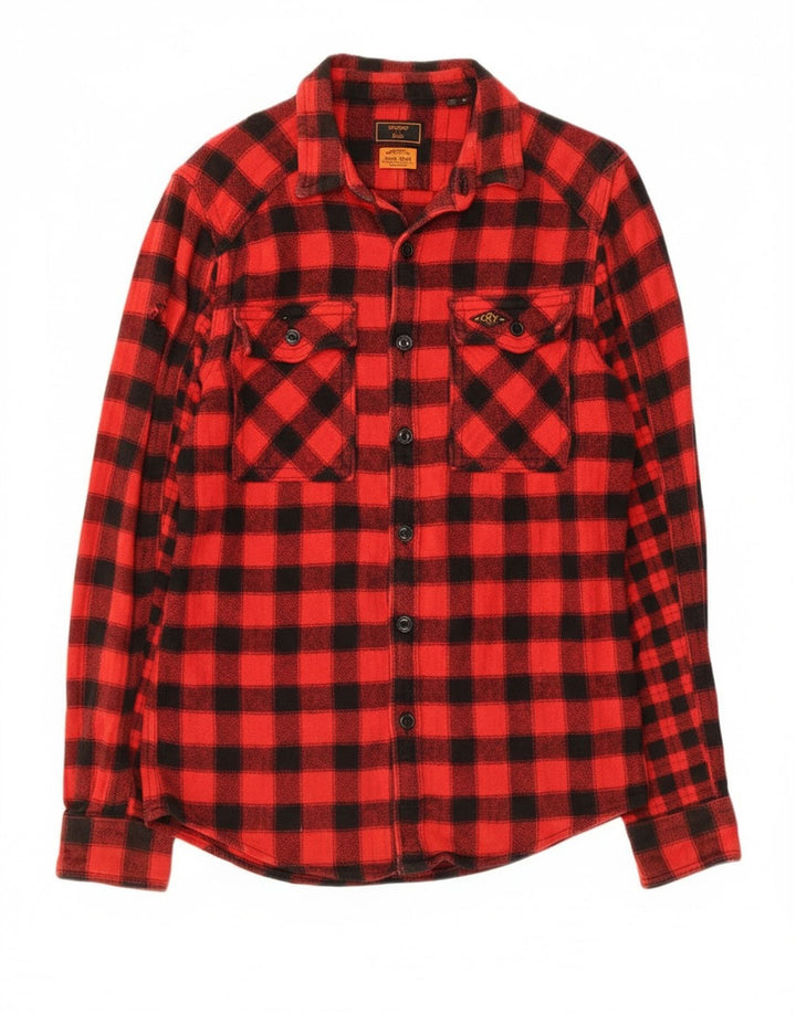 Camicia da uomo slim fit in flanella da boscaiolo Superdry, cotone a quadretti rosso medio