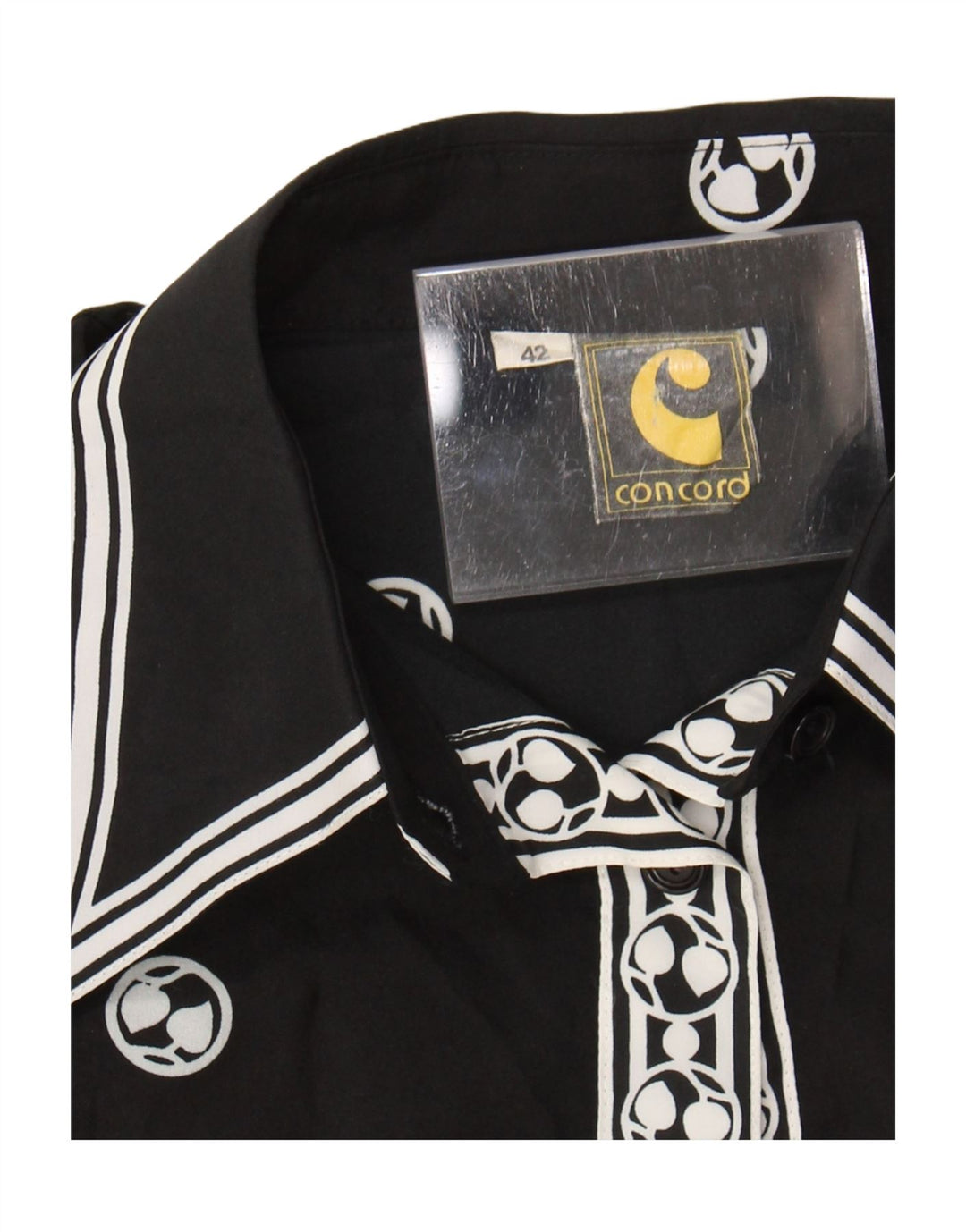 Camicetta camicia vintage da donna EU 42 Grande poliestere geometrico nero