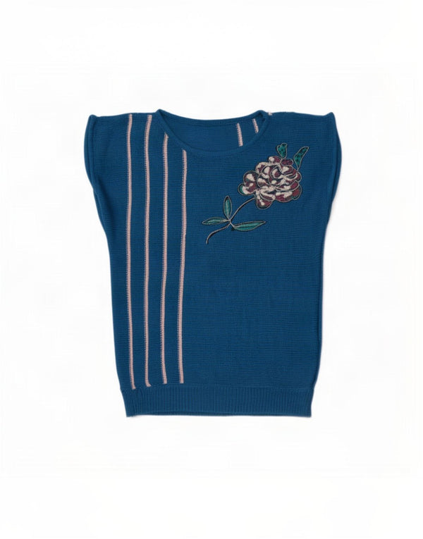 Maglione maglione vintage da donna con scollo a barca UK 14 a righe blu medio
