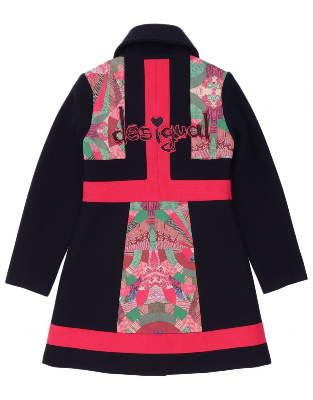 DESIGUAL Girls Graphic Overcoat 9-10 Years Navy Blue Patchwork Polyester