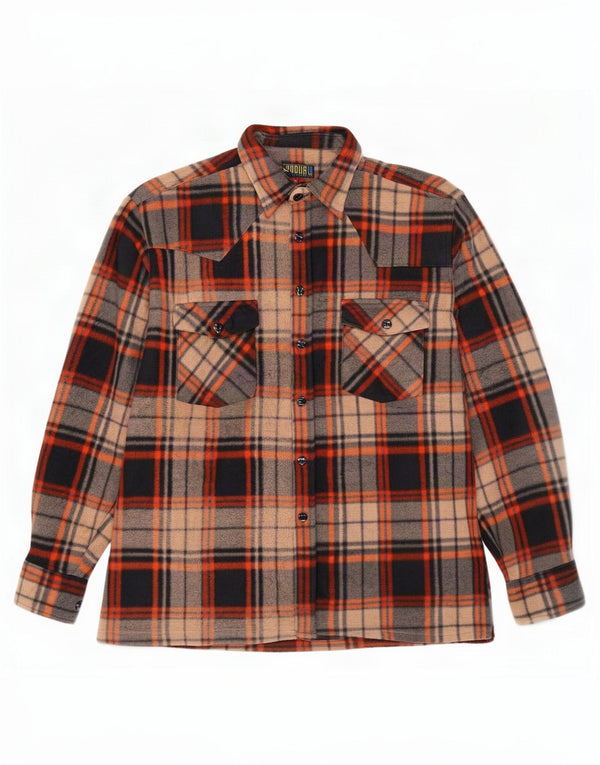 Camicia in pile vintage da uomo in poliestere scozzese marrone medio