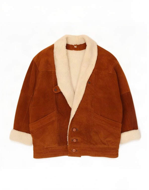 Giacca in shearling vintage da uomo con maniche a 3/4 UK 42 XL in pelle color block marrone