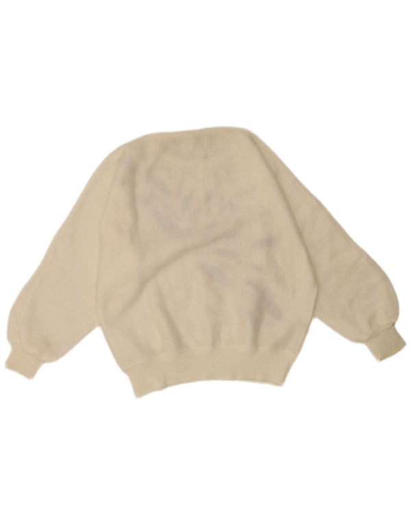 Maglione maglione girocollo da donna vintage UK 10 Piccolo retro geometrico bianco