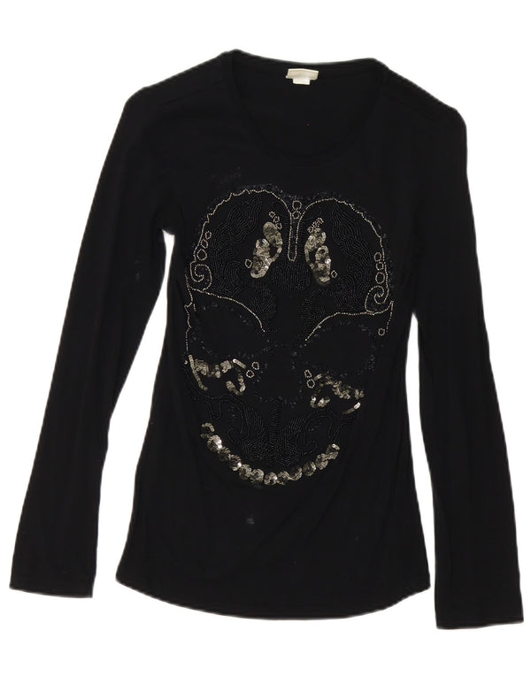 Diesel Top grafico da donna a maniche lunghe UK 8 piccolo in cotone nero