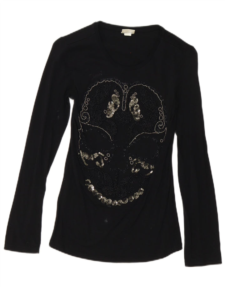 Diesel Top grafico da donna a maniche lunghe UK 8 piccolo in cotone nero