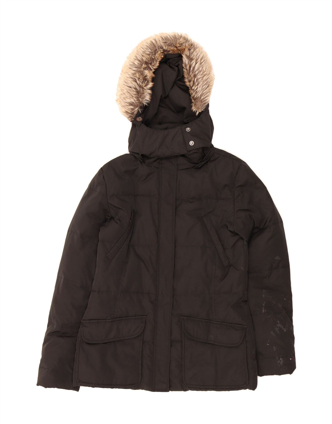TOMMY HILFIGER Womens Hooded Padded Jacket UK 12 Medium Black Polyester Vintage Tommy Hilfiger and Second-Hand Tommy Hilfiger from Messina Hembry 