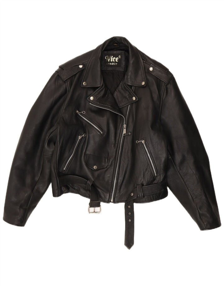 Giacca da motociclista in pelle vintage da donna UK 16 grande in pelle nera