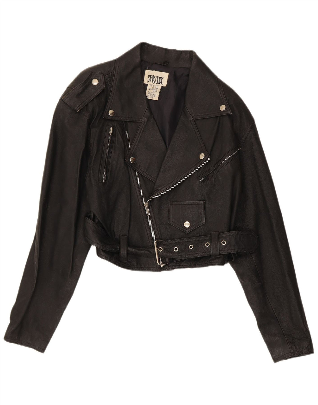 Giacca da motociclista in pelle corta da donna vintage UK 10 piccola pelle nera