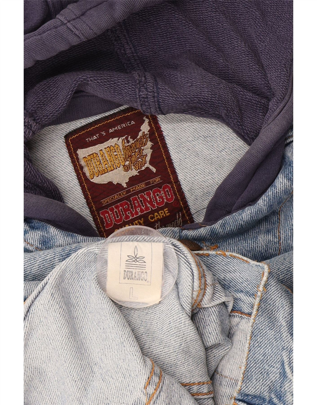 Giacca di jeans con cappuccio da uomo DURANGO UK 40 Large Blu Colourblock Cotton